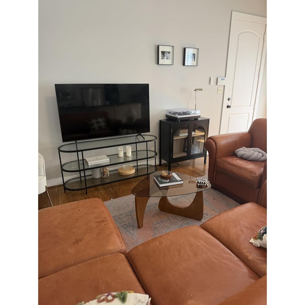 Coffee Table for Living Room Mid Century Modern Center Table with Glass Top and Wood, 32 Inch, Brown/Black