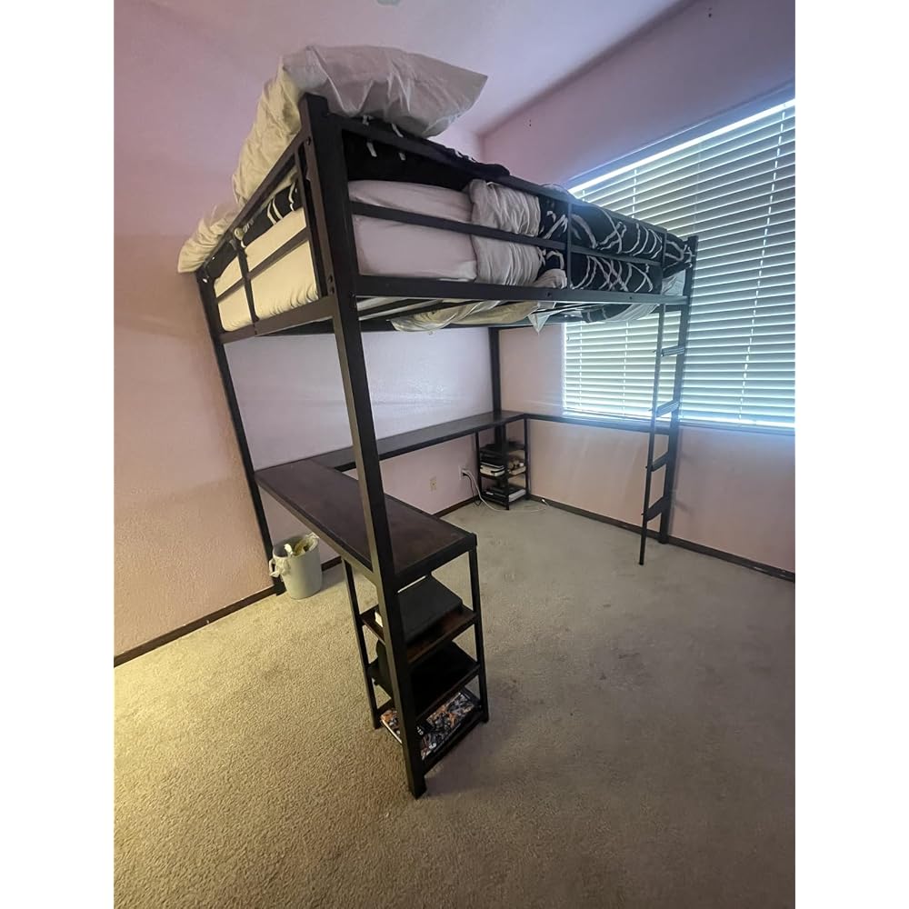 Full Loft Bed with Desk & Shelves for Teens/Adults, Guardrails, Ladder
