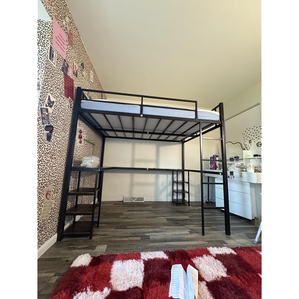 Full Loft Bed with Desk & Shelves for Teens/Adults, Guardrails, Ladder