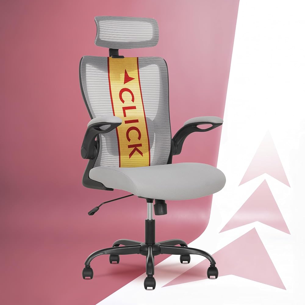 Click365 Ergonomic High Back Mesh Office Chair, Adjustable Headrest & Lumbar Support, Flip-Up Arms, Swivel Computer Desk Chair for Home Office, Gray