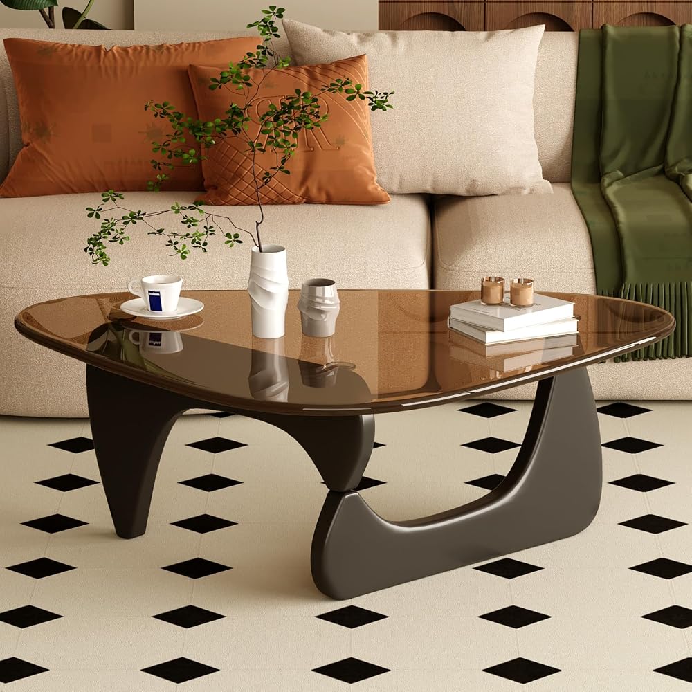 Coffee Table for Living Room Mid Century Modern Center Table with Glass Top and Wood, 32 Inch, Brown/Black