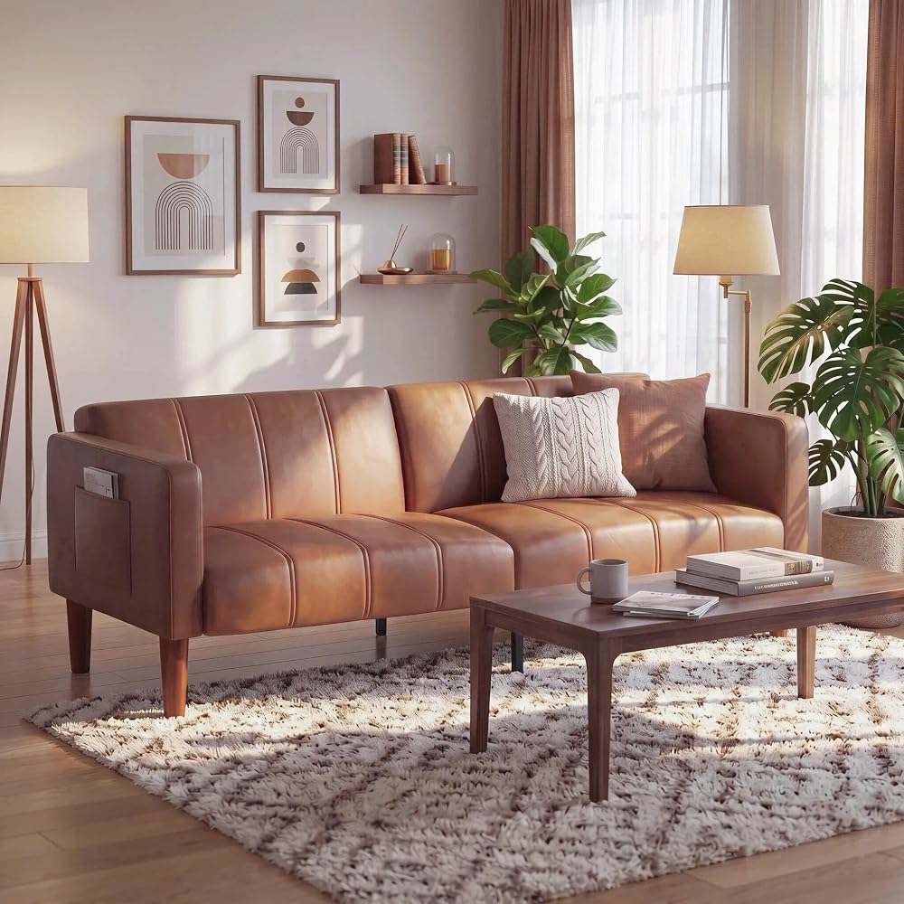 Garvee 75" Faux Leather Sofa Bed, Three Adjustable Angles, Brown