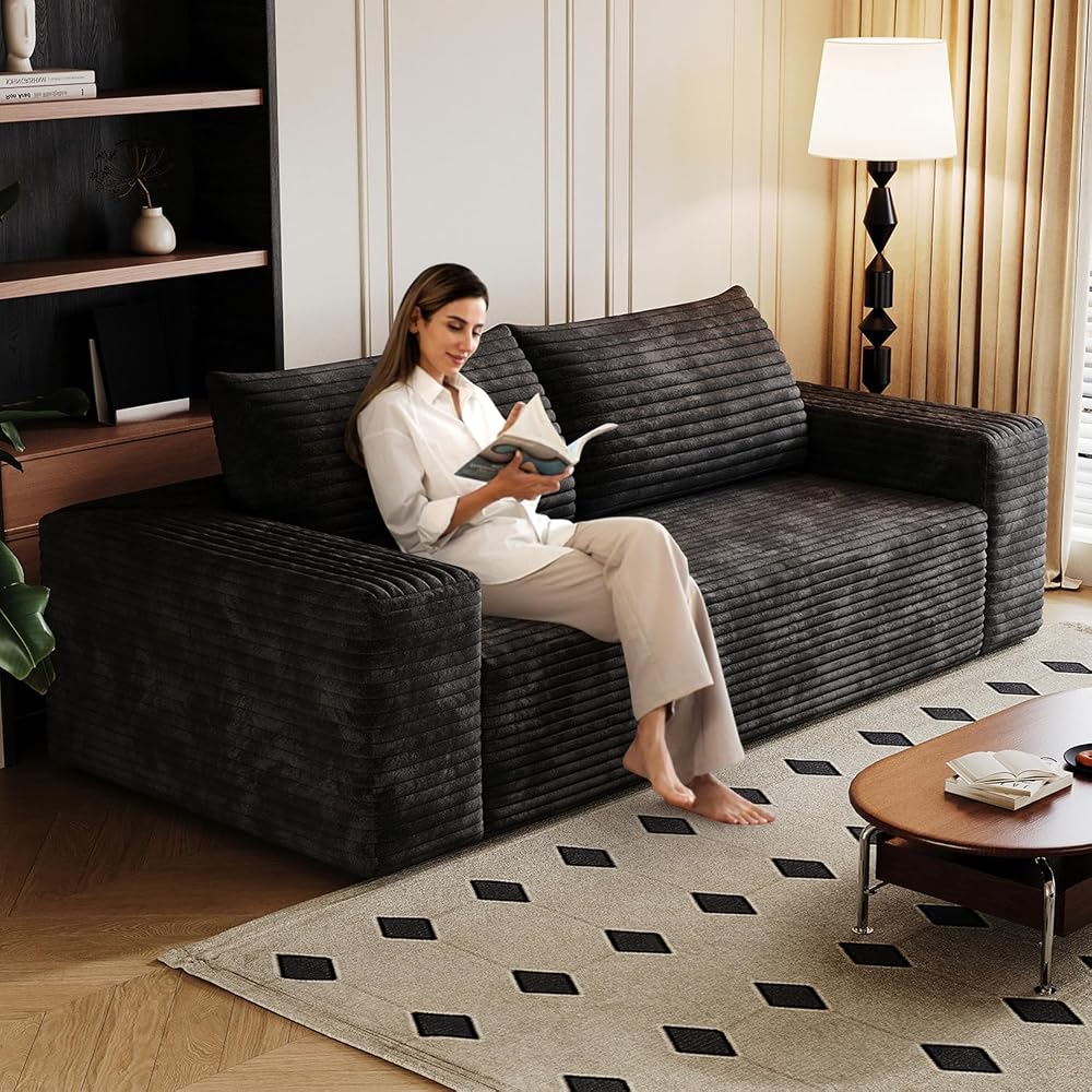 71" Boneless Corduroy Modular Couch with Deep Seat Memory Foam, Comfy Small Cloud Couch for Small Spaces, No Assembly Required Sofa for Living Room, Bedroom & Apartment (Black, 71inch)