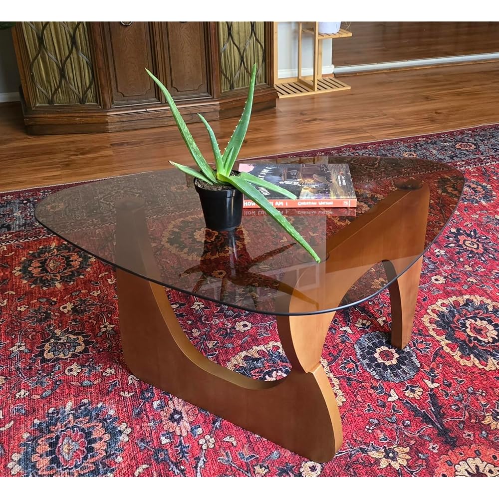 Coffee Table for Living Room Mid Century Modern Center Table with Glass Top and Wood, 32 Inch, Brown/Black