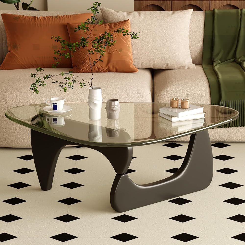 Coffee Table for Living Room Mid Century Modern Center Table with Glass Top and Wood, 32 Inch, Brown/Black