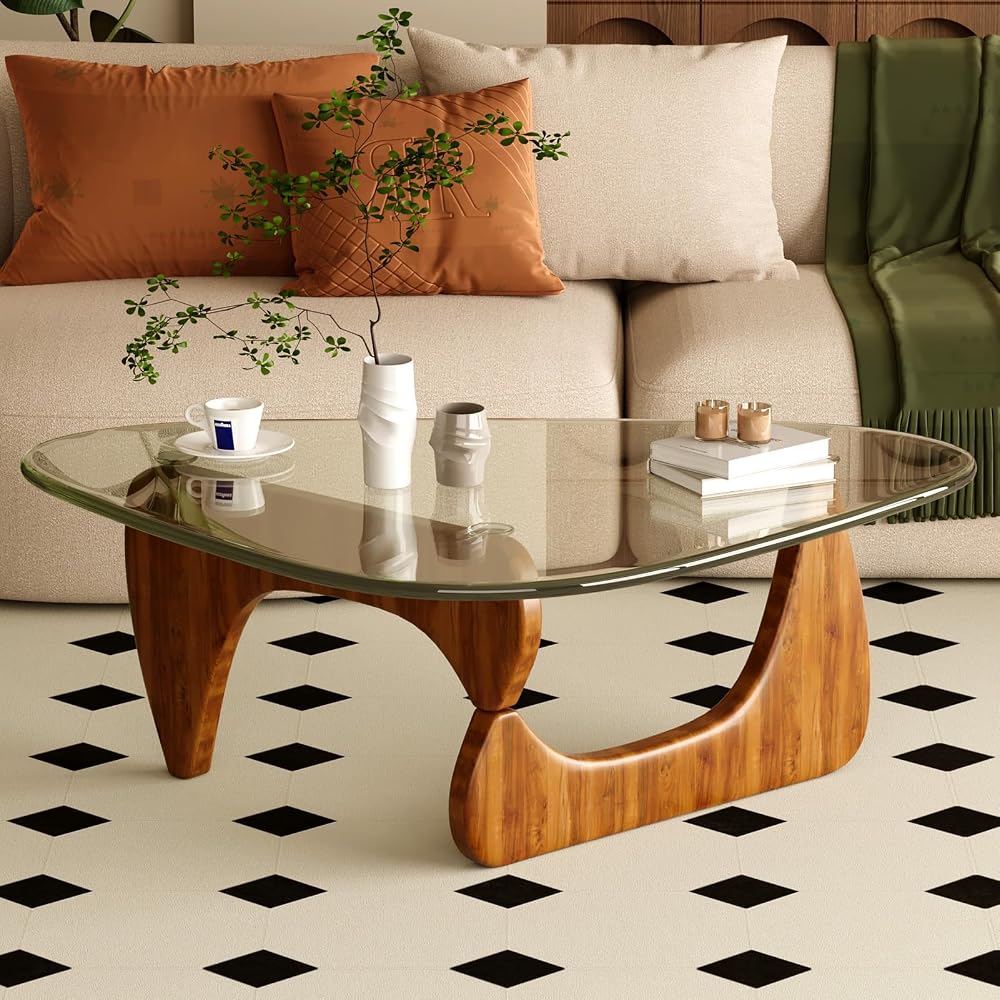 Coffee Table for Living Room Mid Century Modern Center Table with Glass Top and Wood, 32 Inch, Brown/Black